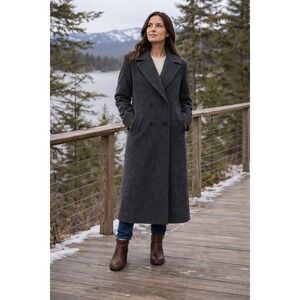 Stephanie Mathews Coat Womens 10 Gray Wool Blend‎ Double Breasted Long Overcoat